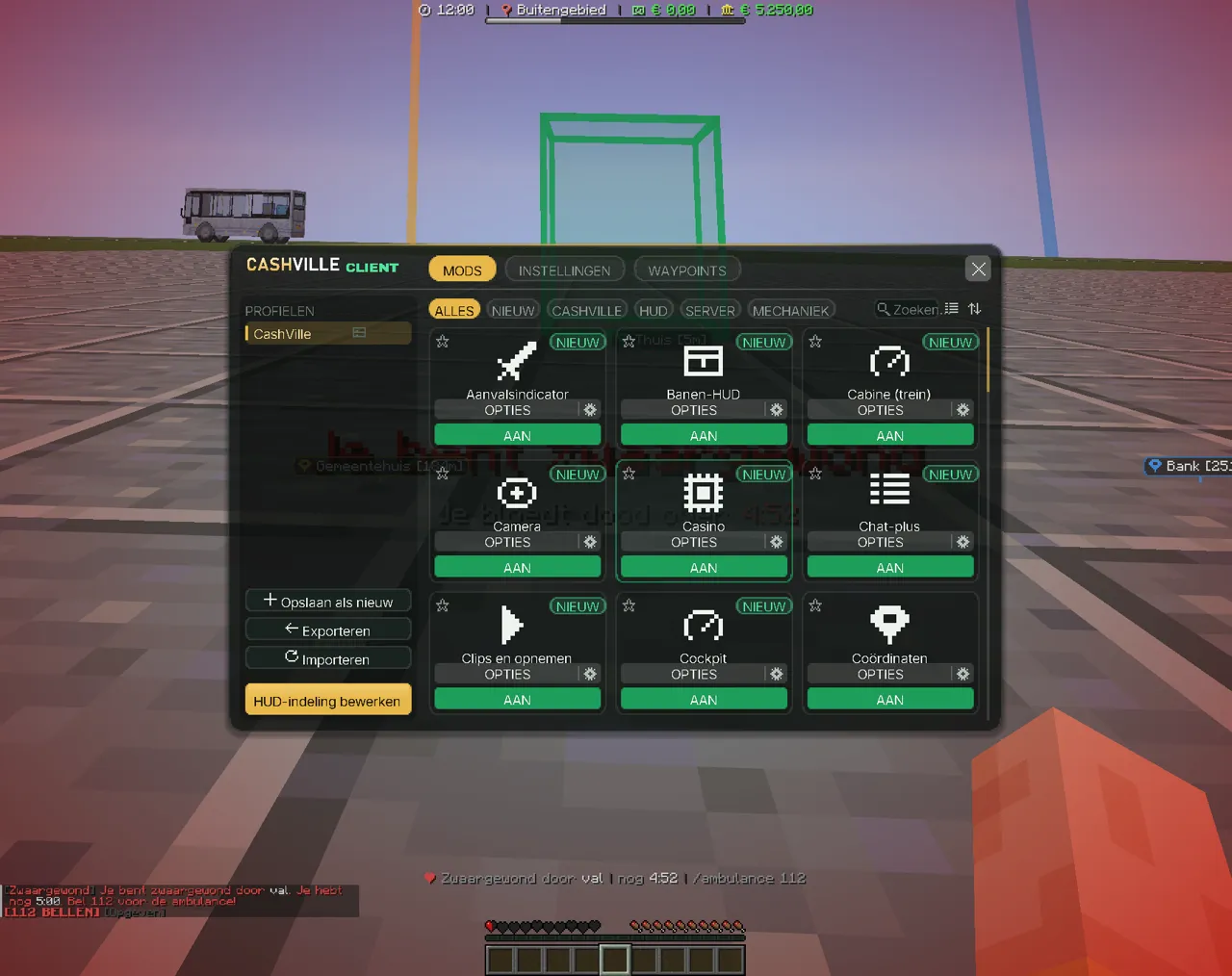 Het mods-menu van de CashVille Client